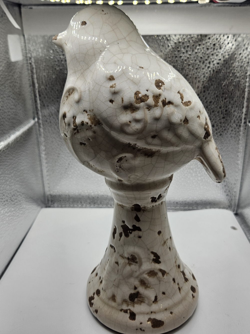 Ceramic Decorative Bird on Pedestal - Crackle Glaze, White & Brown